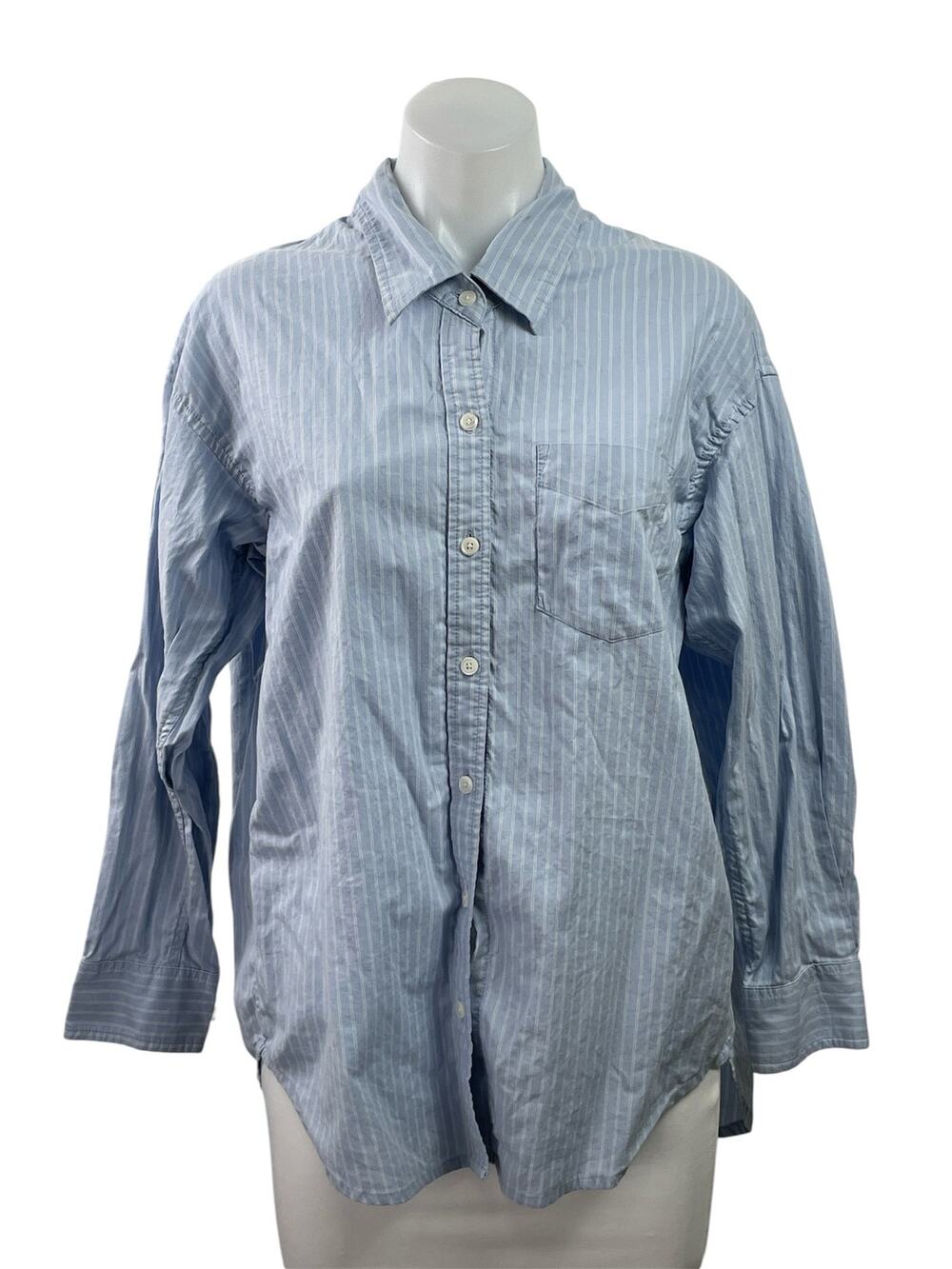 Aritzia Wilfred Blue Striped Long Sleeve Relaxed Curve Hem Button Down Shirt XS